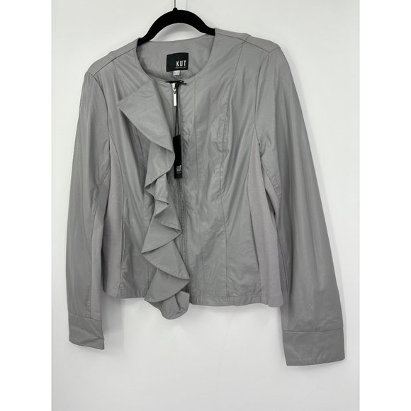 Kut From The Kloth Dahliana Moto Jacket Gray Ruffle Faux Leather Medium NEW - Picture 2 of 6